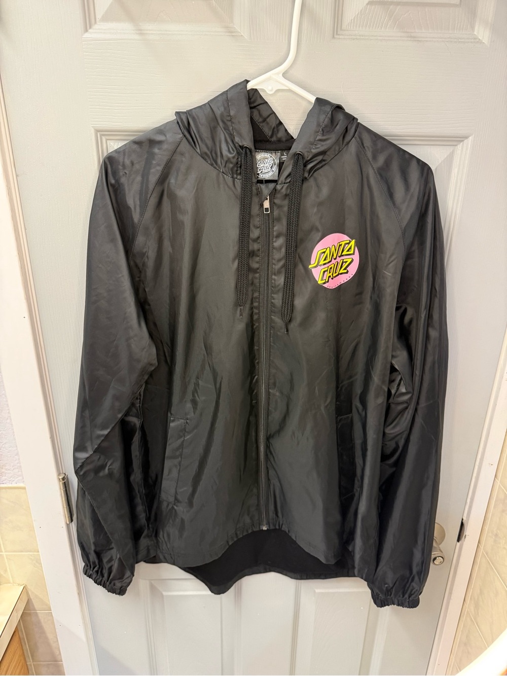 Santa Cruz Skateboards Black Hooded Rain Jacket with Pink & Yellow Logo